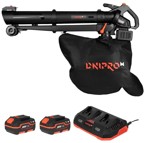 Aspirador Soplador Dnipro-M DVB-200BC Dual 20V, con 2 Baterías de 4Ah | Modo Turbo hasta 245 km/h de velocidad │ Bolsa recolectora de 45 litros │ Incluye 2 baterías BP-240 4Ah y cargador dual