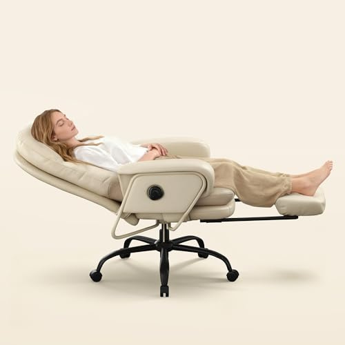 FLEXISPOT Luno 2-in-1 Chefsessel Bürostuhl mit Fußstütze & Lendenstütze, 90–165° verstellbar, für Büro, Wohnzimmer zum Arbeiten und Entspannen, kratzfestes & wasserabweisendes Kunstleder, Beige