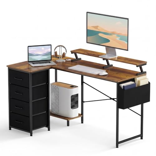 Levede Corner Desk with Storage, L Shaped Corner Computer Desk with Drawers, Charging Station & Ergonomic Monitor Stand, Home Office Study Desk, Walnut, 140x80x87cm