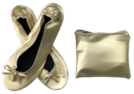 Vikbara, bärbara ballerinaskor för kvinnor, mjuk sula, rullbara tofflor, platta skor för resor, bröllop, med ficka, champagne, 36 EU