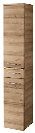 FACKELMANN Milano Hochschrank mit 2 Türen und 1 Schublade – Schrank fürs Badezimmer (30,5 cm x 165,5 cm x 32 cm) – Badschrank schmal in Holz braun