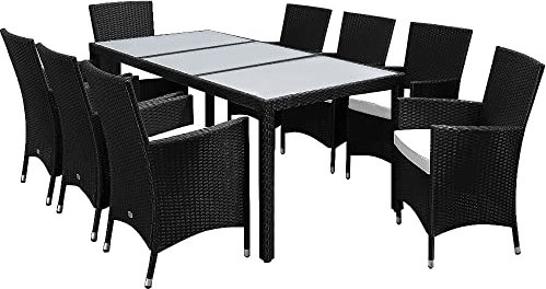 Casaria® Gartenmöbel Set 17-TLG. mit Tisch 190x90cm 8er Stühle 160kg belastbar Auflagen Wetterfest Stapelbar Polyrattan Schwarz Balkon Terrassen Möbel