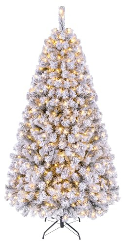 COSTWAY Albero di Natale Innevato 180/225 cm, Albero di Natale con 250/450 Luci a LED Bianco Caldo, 600/1010 Rami Folti e Base Metallica, Ideale per Casa, Ufficio e Negozio (180 CM)