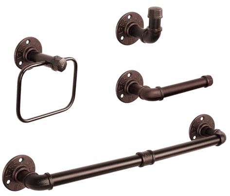 NearMoon 4 Pieces Industrial Pipe Bathroom Hardware Set, Include 18 Inch Towel Bar, Towel Ring, Toilet Paper Holder and Robe Hook, Heavy Duty Rustic Iron Decor Wall Mounted Accessories Kit (Bronze)