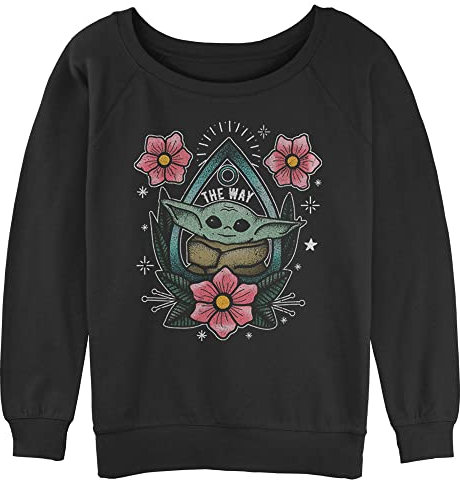 STAR WARS Women's Mandalorian Planchette Child Junior's Raglan Pullover with Coverstitch, Black, Medium