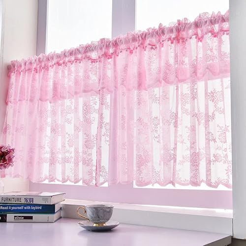Devola Scheibengardine mit Blumen Kurzgardine Landhaus mit Spitze Kurzstore Gardinen Bistrogardine Transparent Kurze Vorhänge Landhausstil Küchenvorhang BxH 200x50cm Rosa 1 Stück