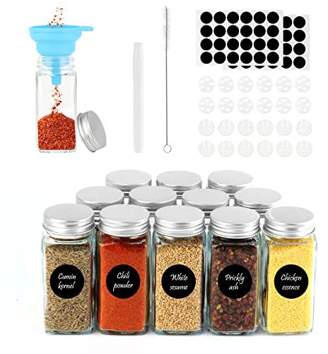 MXTIMWAN Set di 12 barattoli per spezie, 120 ml, con inserto per spargimento, Spice Jars, rettangolari, barattoli per spezie in vetro con imbuto in silicone, adesivi rotondi vuoti, setacci, spazzola