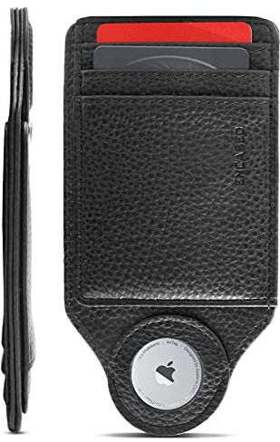Encased Worlds Airtag-plånbok för män, supertunn profil (djup korn) PU-läder korthållare kompatibel med Apple AirTag, svart, minimalistisk