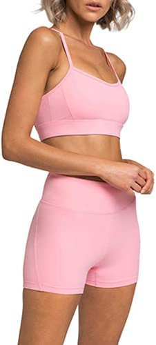 IDOPIP Sport Set Damen, Kreuz R?cken Yoga-BH & Hohe Taille Gym Shorts Workout Set Sport Outfit Fitness Set 2 Piece Trainingsanz?ge Rosa XS