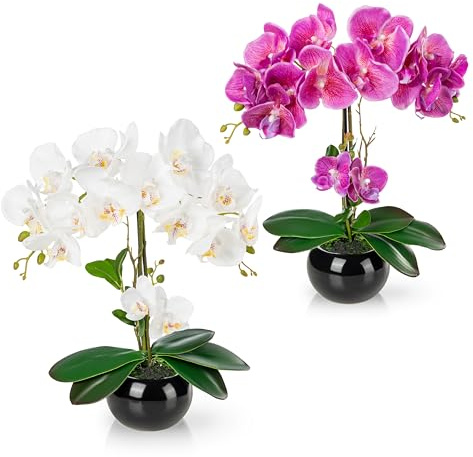 PASCH® 2er Set Orchideen künstlich in Hochglanz-Keramiktöpfen (40cm) | Kunstblumen im Topf | Kunstblumen wie echt | künstliche Orchideen im Topf | künstliche Blumen im Topf | Kunstblume Orchidee