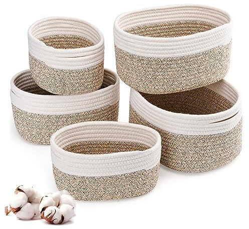 Aufbewahrungskorb Baumwollseil gewebt, 5er Set aus Körbe Aufbewahrung für Organisation, Aufbewahrungskörbe Wickeltisch Organizer mit Griffen für Badezimmer, Kinderzimmer, Wohnzimmer(Weiß-Braun)