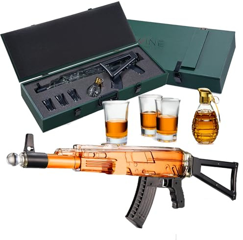 Gun Whiskey Decanter Gift Set - 25oz With Three 3oz Shot Glasses + Grenade Bottle - Unique Dad Birthday Ideas for Men, Daughter Son, Personalized Liquor Dispenser, Scotch Bourbon Vodka
