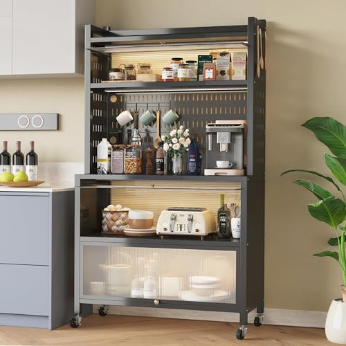 COVAODQ Kitchen Baker's Rack with Flip Door Cabinet, 5-Tier Microwave Stand with Pegboard Accessories for Garage Pantry Home Kitchen (black)