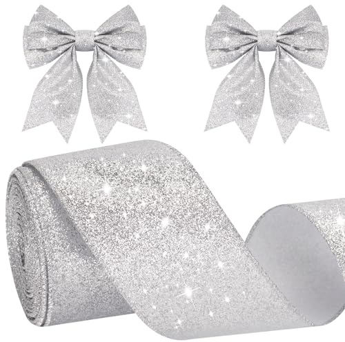 KINGLAKE 10M Geschenkband Mit Draht Silber, Drahtband Glänzend 6cm, Weihnachtenband, Schleifenband, Dekorativ Band für Geschenk Verpackungen, Kranz, Handwerk, Weihnachts und Hochzeit