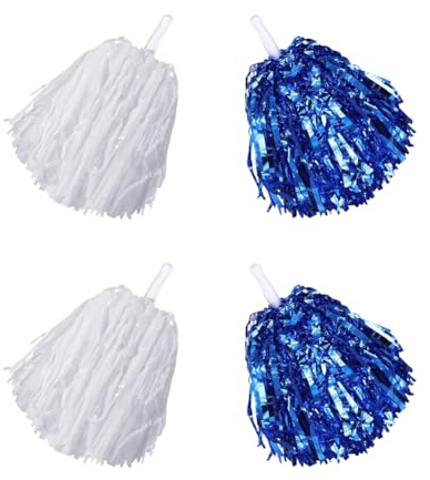 JIHUOO Pompons aus Metallfolie, Kunststoff, Cheerleader-Pompons, Sport-Team-Pompons, Geist-Cheerleader-Pompons, Cheerleading-Poms mit Griff, Weiß und Blau, 4 Stück
