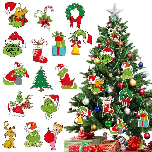 15Pcs Grinch Christmas Decorations, Christmas Tree Ornament Grinch Pendants for Hanging on Xmas Tree, Winter Holiday Party Supplies (15pcs)