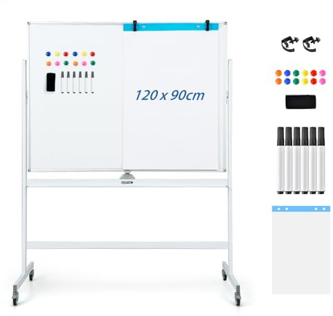 GOPLUS Whiteboard magnetisch mit Ständer, doppelseitiges Whiteboard mit Zubehör Set, Trocken abwischbar, mobiles Schreibtafel höhenverstellbar, für Schule, Büro, Zuhause (120 x 90cm, Weiß)