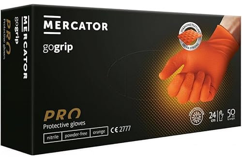 NAJDER Gants Jetables Nitrile Diamanté, Professionnels, Gants de Travail, Structure Diamant, Protection Mécanique, Ultra Résistants, Taille XXL, 50 Pièces, Orange