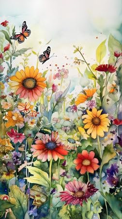 adrium Acryl-Bild 30 x 50 cm: Aquarellmalerei von Blumen und Schmetterlingen. Handgezeichnete Illustration. (201036215)
