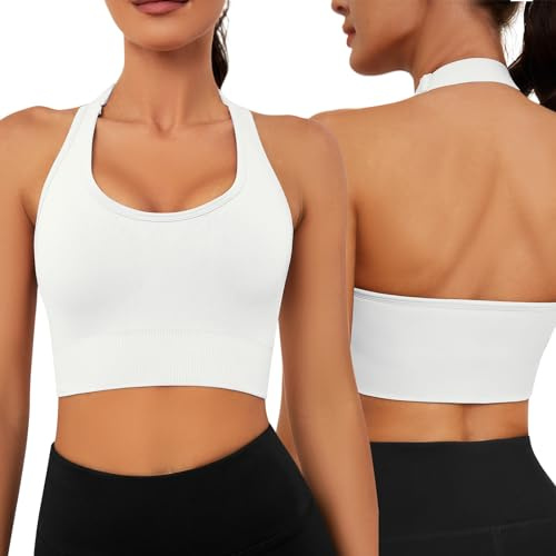 Nadeer Sport BH Rückenfrei Neckholder BH Damen Fitness Bustier Gepolstert Push Up BH Ohne Bügel mit Verstellbare Träger fur Gym Yoga(Weiß,XL)