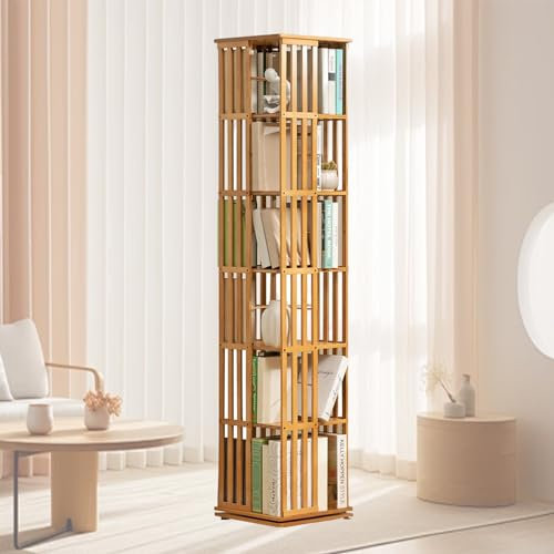 LSHFYV Drehbares Bücherregal, 6 Etagen Drehbares Bücherregal Aus Bambus, Um 360 Grad Drehbarer Bücherregalturm, Eckschrank/Freistehender Aufbewahrungsorganisator, Bücherregal Für Wohnzimmer,Original