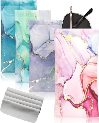 4 Pcs Sunglasses Case Soft Eyeglass Cases Portable Squeeze Top Leather Glasses Pouch with 4 Cleaning Cloth for Women Men Girls