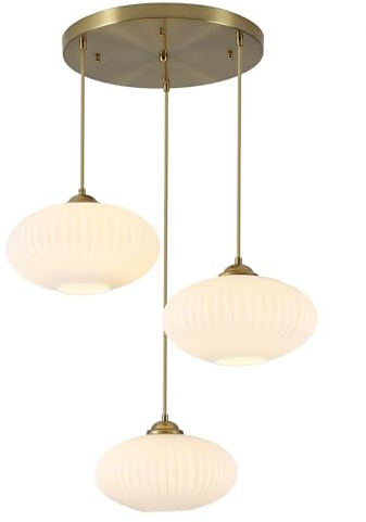 KCO Lighting Lustre en or 3 lumières en grappe, lampe à suspension en verre blanc nervuré, grand globe suspendu au plafond, lustres en laiton antique pour salle à manger