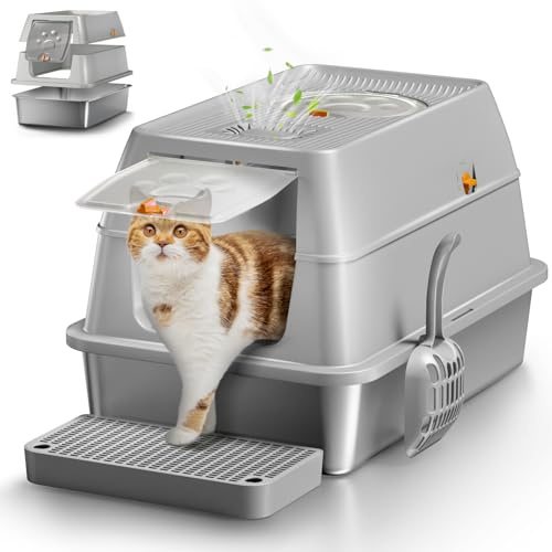 Edelstahl Katzenklo mit Deckel, Große XXL Katzentoilette aus Edelstahl, Geschlossen Katzentoiletten Katzen WC, 60x40x39 cm, katzenschaufel, Geschlossener Katzenklo-Grau