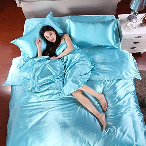 Luxuriöses Satin-Seiden-Bettwäsche-Set für Queen-Size-Bett, 4-teilig, mit Bettbezug, Bettlaken und Bettdecken, komplettes Heimtextil-Set für Super-King-Size-Bett, Queen-Size-Bett, Blau