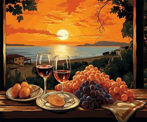Malen Nach Zahlen Sonnenuntergang Wein Malen Nach Zahlen Kinder Anfänger,Malen-Nach-Zahlen ab 9 Jahre Mädchen Geschenke,DIY Ölgemälde Set Pinseln Acrylpigment Leinwan,Home Wanddeko Wohnzimme 80x110cm