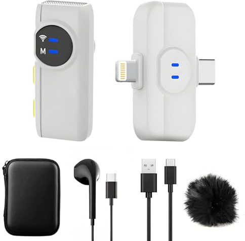HZBWCO Kabelloses Lavalier-Mikrofon für iPhone, USB-C Mikrofon(2 in 1), KI-Rauschunterdrückung, mini Mikrofon für Vlogging, Video, Podcast, Interview, TikTok,YouTube-Aufnahme - Weiß (1 TX + 1 RX)