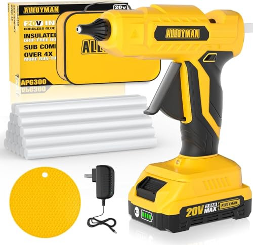 Alloyman Pistola per colla a caldo a batteria da 20 V, con luce a LED e 20 bastoncini di colla grandi, per lavori di bricolage, progetti artistici e regali fai da te