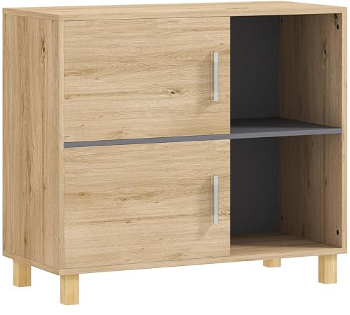 HOMCOM Badrumsskåp, förvaringsskåp med öppna fack och skåp, badrumsmöbler, mått 80 l x 35D x 70H cm, naturligt trä