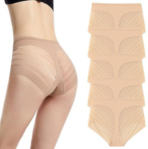 PNZLZIA Floralshe Calzones, Braguitas Moldeadoras de Cintura Alta sin Costuras con Control de Abdomen y realce de glúteos, Tanga de Encaje de Rayas Invisibles (Skin,M)