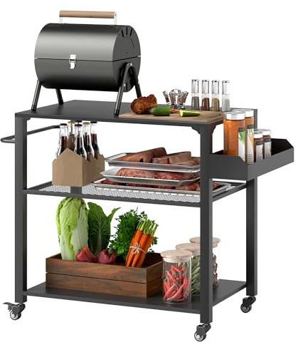 Outsunny Carrito de Parrilla de 3 Niveles Carrito de Barbacoa Negro