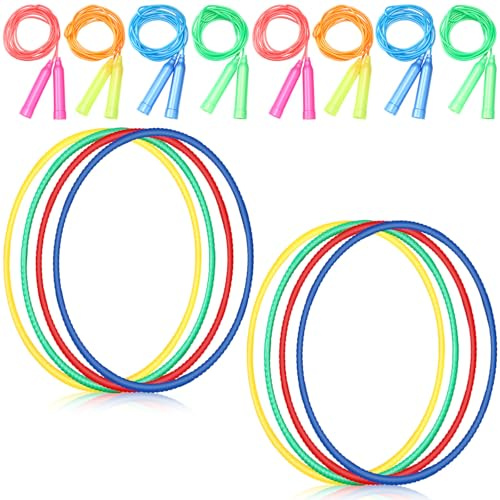 Poen 16 Pcs Detachable Hoop and Jump Rope Set Adjustable Exercise Hoop Skipping Rope Equipment for Fitness Teens Adults Weight Loss Exercise Gymnastics(Red, Yellow, Blue, Green)