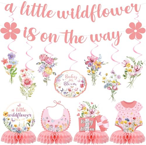 JoyAura Wildflowers Baby Shower Decorations - 14 Pcs A Little Wildflower Is On The Way Banners Hanging Swirls Floral Honeycomb Centerpiece Decor Set Flower Gender Announcement Party Supplies for Girls