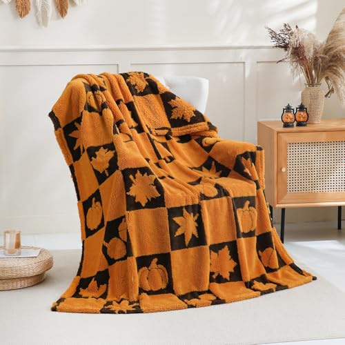 SOCHOW Fall Decor Jacquard Throw Blanket, Fuzzy Soft Warm Pumpkin Maple Leaves Plaid Autumn Checkered Blanket for Couch, Sofa and Bed, 127cm x 150cm, Orange/Black