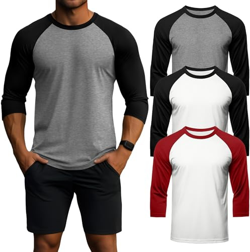 Huukeay 3 Pack Men's 3/4 Sleeve Shirts Crew Neck Baseball T Shirts Moisture Wicking Athletic Tops(Light Mix Gray/Black, White/Black, White/Bright Red,Large)