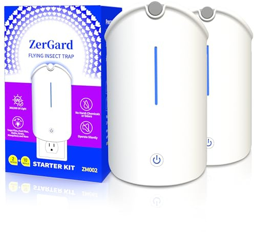 Flying Insect Trap, ZerGard Indoor Plug-in Bug Catcher with UV Light ZM002 Captures Mosquito Gnat Moth Fruit Flies for Kitchen, Living Room, Bedroom, 10 Sticky Glue Card Refills (2 Devices+10 Refills)
