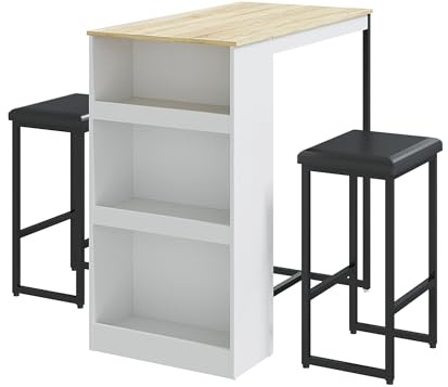 Gyger 3 Piece Dining Table Set with 3 Storage Shelves, Bar Table and Small Kitchen Table for 2, Wooden Counter Height Table Set for Kitchen, Dining Room Island Table,Oak