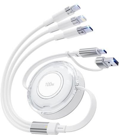 Multi Charger Cable, 100W 5-in-1 Retractable USB C Charging Cable, Lightn-ing/Type C/Micro Multi Charging Cable for iPhones, iPads, Tablets, Galaxy, Note - 4Ft/1.2M 5A Fast Charging, Portable, White