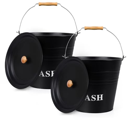 Flatro Ash Bucket with Lid for Fireplaces | (Pack of 2) 12L Metal Bucket for Hot Ashes (with Wooden Handle) | Does the Job Well for Coal, Wood, Ashes, Kindling & More