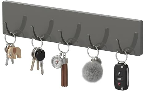 Toski Schlüsselbrett ohne bohren, Schlüsselhaken mit 5 Haken, Schlüsselhalter mit starkem klebrigem Kleber ohne Spuren, Schlüsselleiste für Wohnzimmer Küche, Grau, Home, Schlüssel Aufbewahrung, Modern