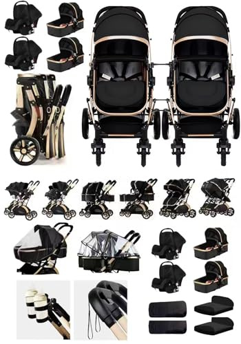 Rexhan Twin 4 in 1 Reversible Travel System, Foldable Double Baby Buggy, Twin Toddler Pram, Pushchair, Lightweight, Tandem All in One Stroller, Portable Baby Carriage, 0-4 Year, Aluminium Frame