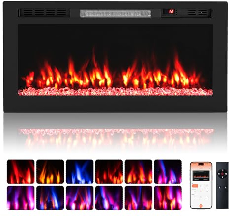 COSTWAY Smart WIFI Electric Fireplace, Wall Mounted/Recessed/Freestanding Fire Heater with APP & Remote Control, 12 Flame & Ember Bed Color, 5 Brightness, 12H Timer, 750W/1500W (36”/91cm)
