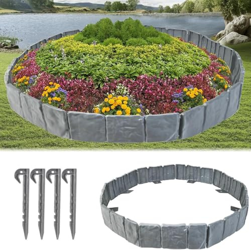 Gettimore Garden Lawn Edging Border with Strong Securing Pegs, Plastic Stone Effect Landscape Edge for Plant Protection, 24.5 x 10 cm, 1 Set Grey