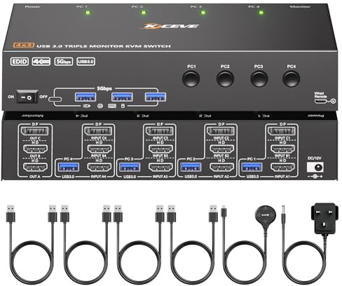 KVM Switch 3 Monitors 4 Computers 4K@60Hz,EDID Simulation,USB 3.0 HDMI Displayport KVM Switch Triple Monitor for 4 PC Share 3 Monitors and Keyboard Mouse Printer,with Wired Remote and 4 USB Cables