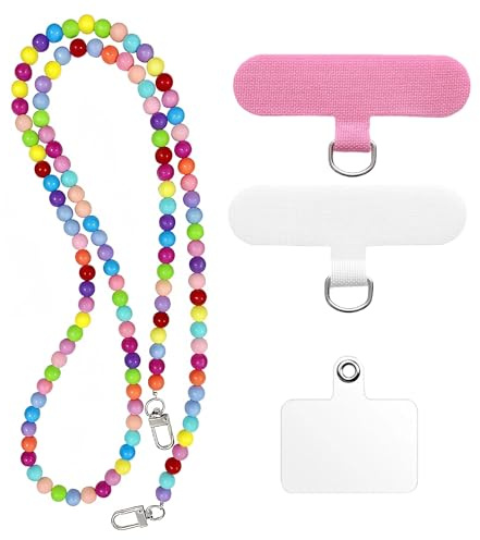 Handykette Perlen, Handykette Perlen Bunt Lang Handy Umhängeband Handyanhänger mit Patch Mehrfarbige Perlens Handyband Abnehmbares Stylisches Handyzubehör Schlüsselkette für Damen Mädchen Geschenk