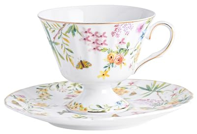 fanquare Vintage Ensembles Tasses et Soucoupes en Porcelaine Fine,170ml Tasse à thé et Café avec Assiette Motifs de Fleurs Papillons Bord Doré pour Petit Déjeuner Maison Cuisine Cadeau